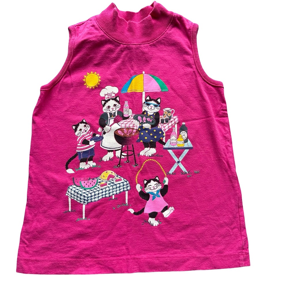 Spumoni Tank Top Size L Hot Pink Cotton Cats Graphic Mock Neck Classic Pullover